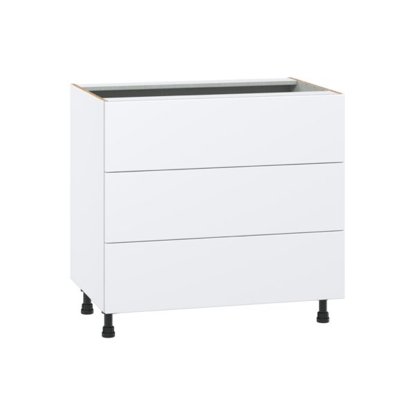 Lily Bright White  Slab Assembled Base Cabinet with Three 10 in. Drawers (36 in. W x 34.5 in. H x 24 in. D)