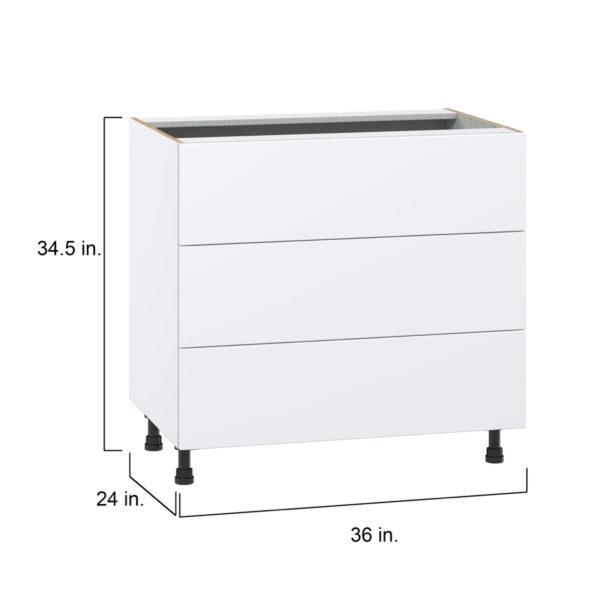 Lily Bright White  Slab Assembled Base Cabinet with Three 10 in. Drawers (36 in. W x 34.5 in. H x 24 in. D)