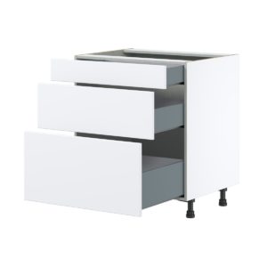 Lily Bright White  Slab Assembled Base Cabinet with 3 Drawers (30 in. W x 34.5 in. H x 24 in. D)