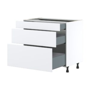 Lily Bright White  Slab Assembled Base Cabinet with 3 Drawers (36 in. W x 34.5 in. H x 24 in. D)