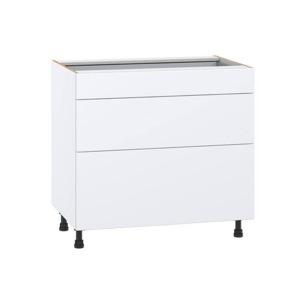 Lily Bright White  Slab Assembled Base Cabinet with 3 Drawers (36 in. W x 34.5 in. H x 24 in. D)