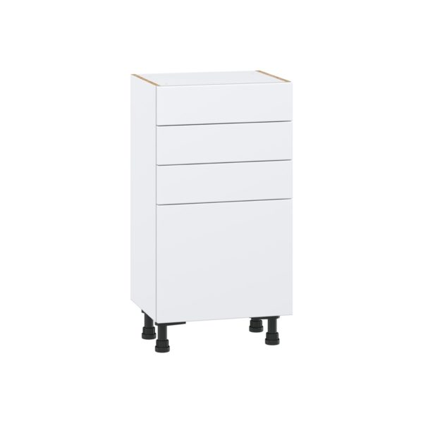 Lily Bright White  Slab Assembled Shallow Base Cabinet with 1 Door and Three 5 In. Drawers (18 in. W x 34.5 in. H x 14 in. D)