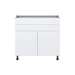 Lily Bright White  Slab Assembled Base Cabinet with Two Doors and Two 5 in. Drawers (36 in. W x 34.5 in. H x 24 in. D)