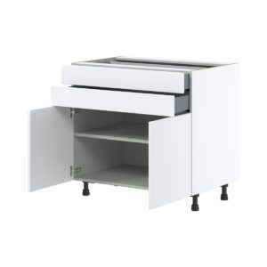 Lily Bright White  Slab Assembled Base Cabinet with Two Doors and Two 5 in. Drawers (36 in. W x 34.5 in. H x 24 in. D)