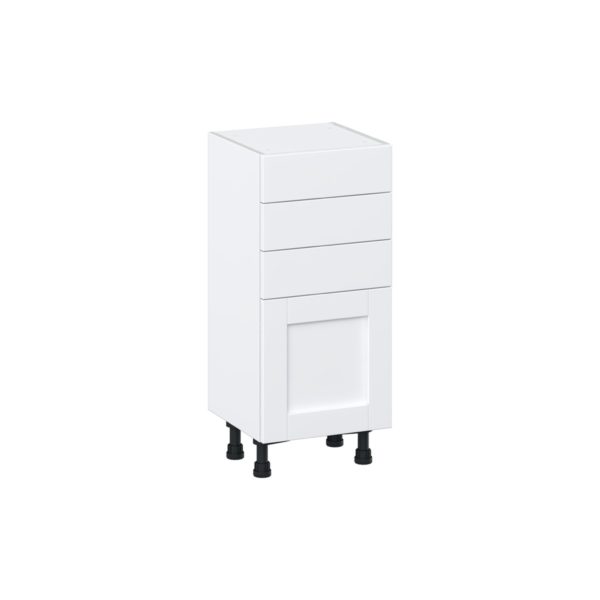 Dahlia Bright White  Shaker Assembled Shallow Base Cabinet with 1 Door and Three 5 in. Drawers (15 in. W x 34.5 in. H x 14 in. D)