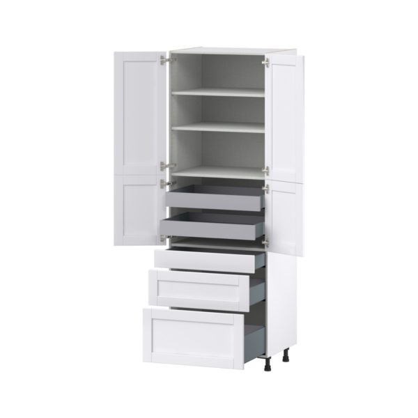 Dahlia Bright White  Shaker Assembled Pantry  Cabinet with 3 Drawers and 2 Inner Drawers (30 in. W x 89.5 in. H x 24 in. D)