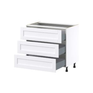 Dahlia Bright White  Shaker Assembled Base Cabinet with Three 10 in. Drawers (36 in. W x 34.5 in. H x 24 in. D)