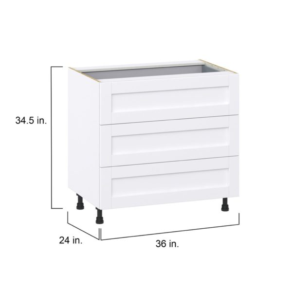 Dahlia Bright White  Shaker Assembled Base Cabinet with Three 10 in. Drawers and 1 Inner Drawer (36 in. W x 34.5 in. H x 24 in. D)