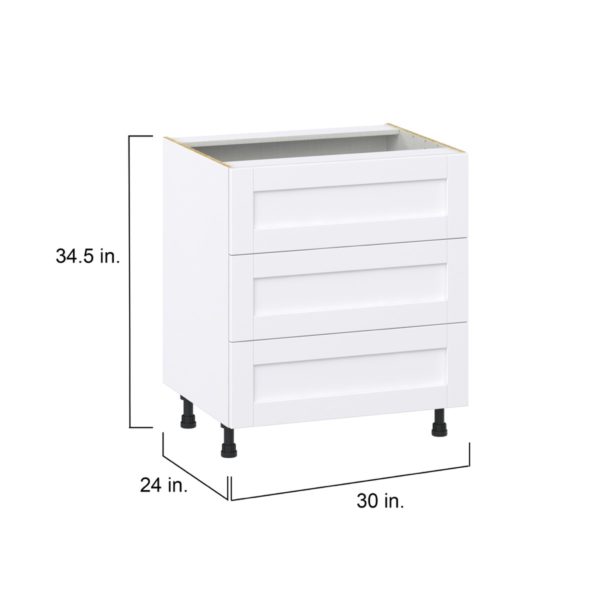 Dahlia Bright White  Shaker Assembled Base Cabinet with Three 10 in. Drawers (30 in. W x 34.5 in. H x 24 in. D)