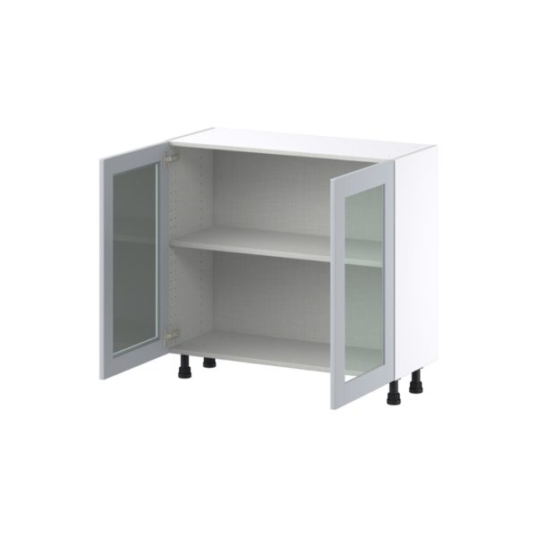 Sea Holly Light Gray  Shaker Assembled Shallow Base Cabinet with 2 Full High Glass Doors (36 in. W x 34.5 in. H x 14 in. D)