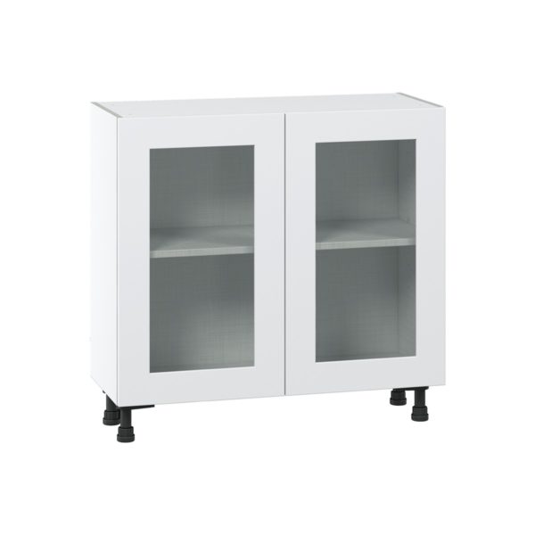 Jasmine Painted Warm White  Shaker Assembled Shallow Base Cabinet with 2 Full High Glass Doors (36 in. W x 34.5 in. H x 14 in. D)