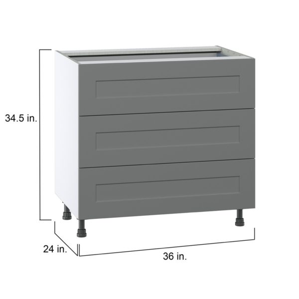 Willow Painted Slate Gray  Shaker Assembled Base Cabinet with Three 10 in. Drawers and 1 Inner Drawer (36 in. W x 34.5 in. H x 24 in. D)