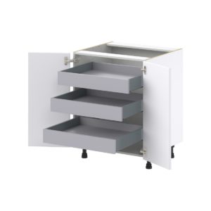 Lily Bright White  Slab Assembled Base Cabinet with a 2 Full High Door and 3 Inner Drawers (27 in. W X 34.5 in. H X 24 in. D)