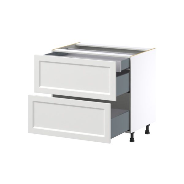 Magnolia Painted Bright White Recessed Assembled Base Cabinet with 2 Drawers and 1 Inner Drawer (36 in. W x 34.5 in. H x 24 in. D)