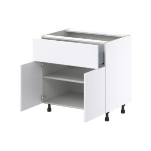 Lily Bright White  Slab Assembled Base Cabinet with 2 Doors and a 10 in. Drawer (33 in. W X 34.5 in. H X 24 in. D)