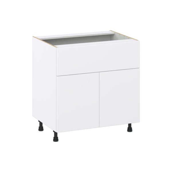 Lily Bright White  Slab Assembled Base Cabinet with 2 Doors and a 10 in. Drawer (33 in. W X 34.5 in. H X 24 in. D)