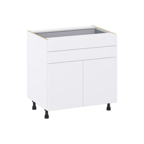 Lily Bright White  Slab Assembled Base Cabinet with 2 Doors and Two 5 in. Drawers (33 in. W X 34.5 in. H X 24 in. D)