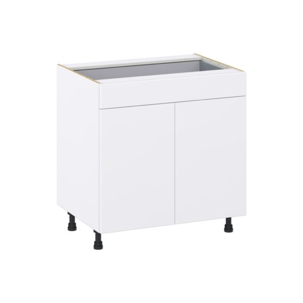 Lily Bright White  Slab Assembled Base Cabinet with 2  Doors and 1 Drawer (33 in. W X 34.5 in. H X 24 in. D)