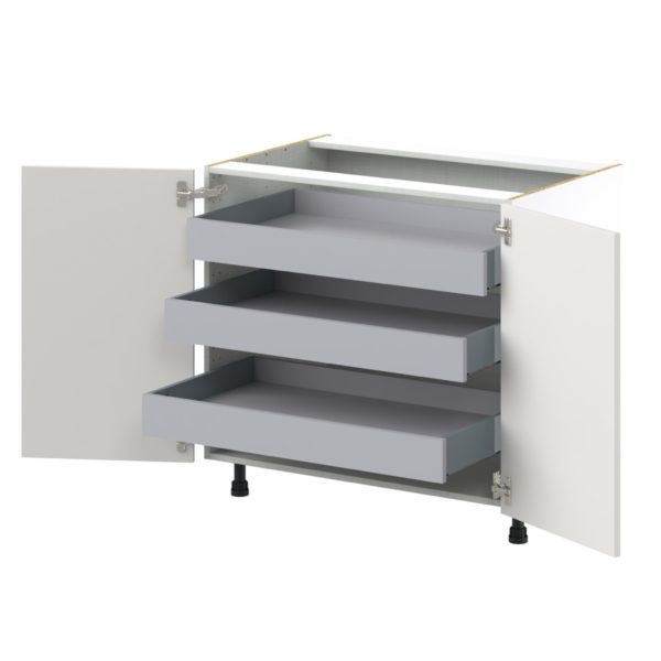 Wisteria Painted Light Gray Recessed Assembled Base Cabinet with 2 Full High Doors and 3 Inner Drawers (36 in. W x 34.5 in. H x 24 in. D)