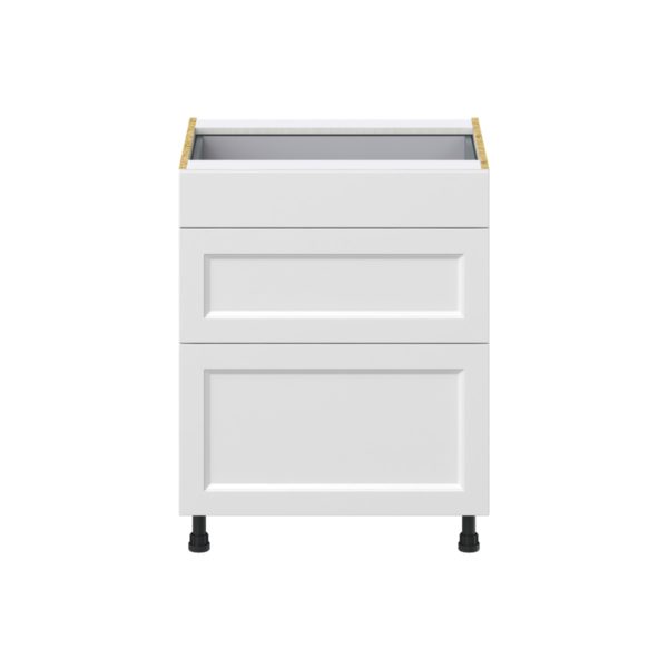 Magnolia Painted Bright White Recessed Assembled Base Cabinet with 3 Drawers  (27 in. W X 34.5 in. H X 24 in. D)