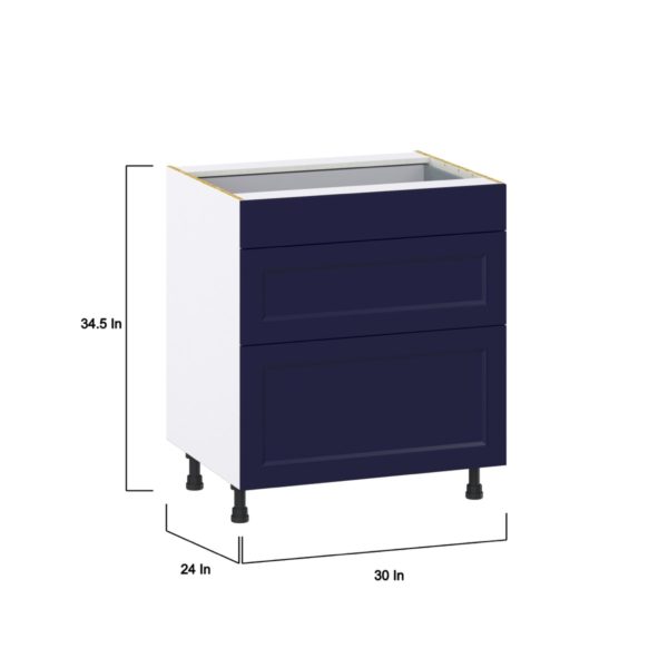 Camellia Painted Midnight Blue Recessed Assembled Base Cabinet with 3 Drawers (30 in. W x 34.5 in. H x 24 in. D)