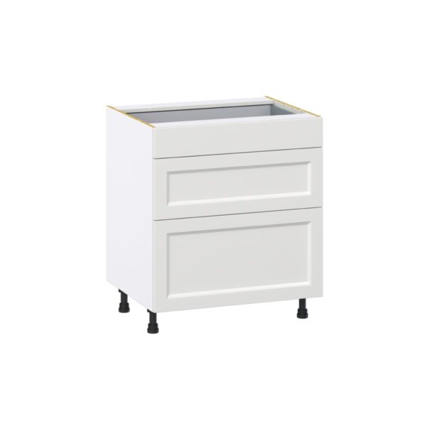 Magnolia Painted Bright White Recessed Assembled Base Cabinet with 3 Drawers (30 in. W x 34.5 in. H x 24 in. D)