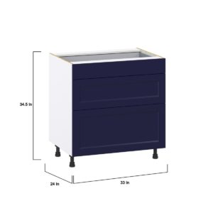 Camellia Painted Midnight Blue Recessed Assembled Base Cabinet with 3 Drawers (33 in. W X 34.5 in. H X 24 in. D)