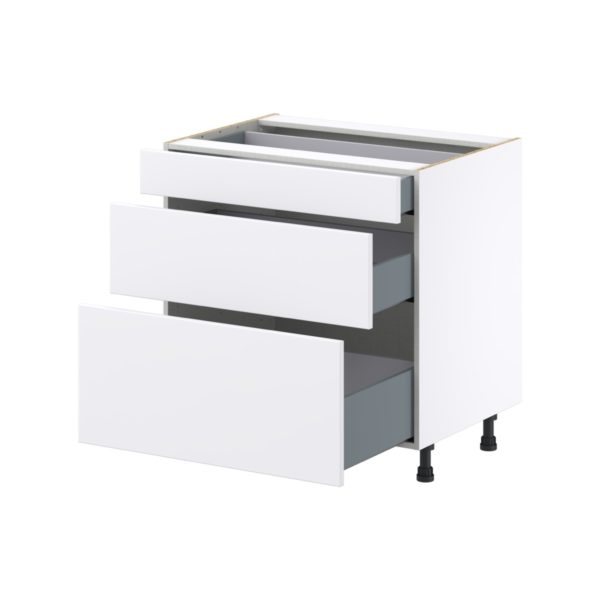 Lily Bright White  Slab Assembled Base Cabinet with 3 Drawers (33 in. W X 34.5 in. H X 24 in. D)