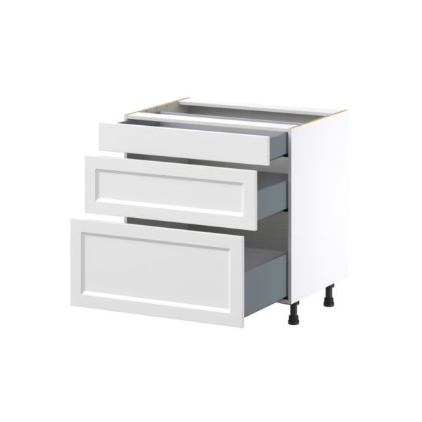 Magnolia Painted Bright White Recessed Assembled Base Cabinet with 3 Drawers (33 in. W X 34.5 in. H X 24 in. D)