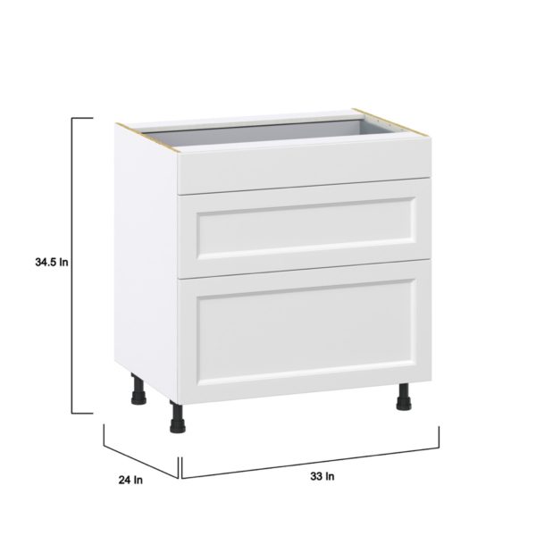 Magnolia Painted Bright White Recessed Assembled Base Cabinet with 3 Drawers (33 in. W X 34.5 in. H X 24 in. D)