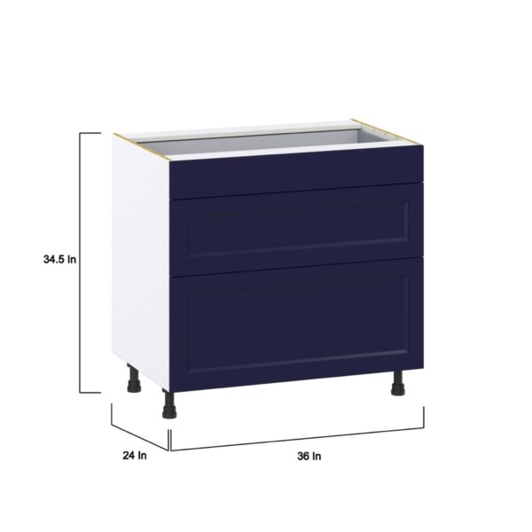 Camellia Painted Midnight Blue Recessed Assembled Base Cabinet with 3 Drawers (36 in. W x 34.5 in. H x 24 in. D)