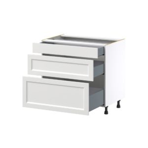 Magnolia Painted Bright White Recessed Assembled Base Cabinet with 3 Drawers (36 in. W x 34.5 in. H x 24 in. D)