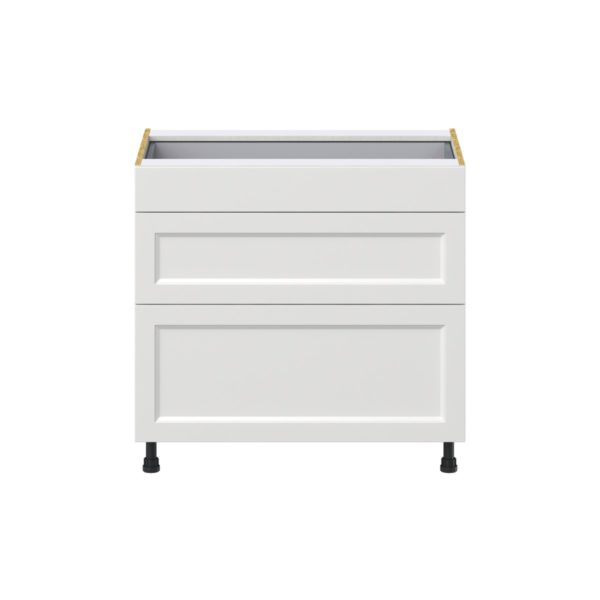 Magnolia Painted Bright White Recessed Assembled Base Cabinet with 3 Drawers (36 in. W x 34.5 in. H x 24 in. D)