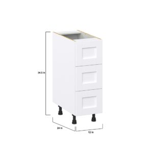 Dahlia Bright White  Shaker Assembled Base Cabinet with Three 10 in. Drawers (12 in. W X 34.5 in. H X 24 in. D)