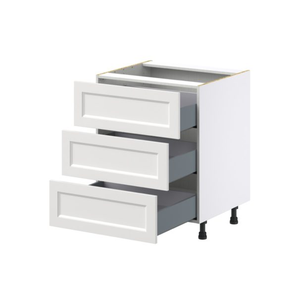 Magnolia Painted Bright White Recessed Assembled Base Cabinet with Three 10 in. Drawers (27 in. W X 34.5 in. H X 24 in. D)