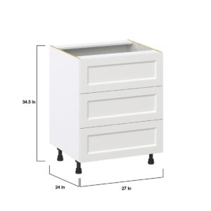 Magnolia Painted Bright White Recessed Assembled Base Cabinet with Three 10 in. Drawers (27 in. W X 34.5 in. H X 24 in. D)