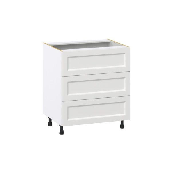 Magnolia Painted Bright White Recessed Assembled Base Cabinet with Three 10 in. Drawers and 1 Inner Drawer (30 in. W x 34.5 in. H x 24 in. D)