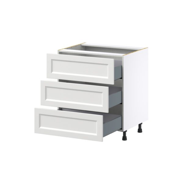 Magnolia Painted Bright White Recessed Assembled Base Cabinet with Three 10 in. Drawers (30 in. W x 34.5 in. H x 24 in. D)