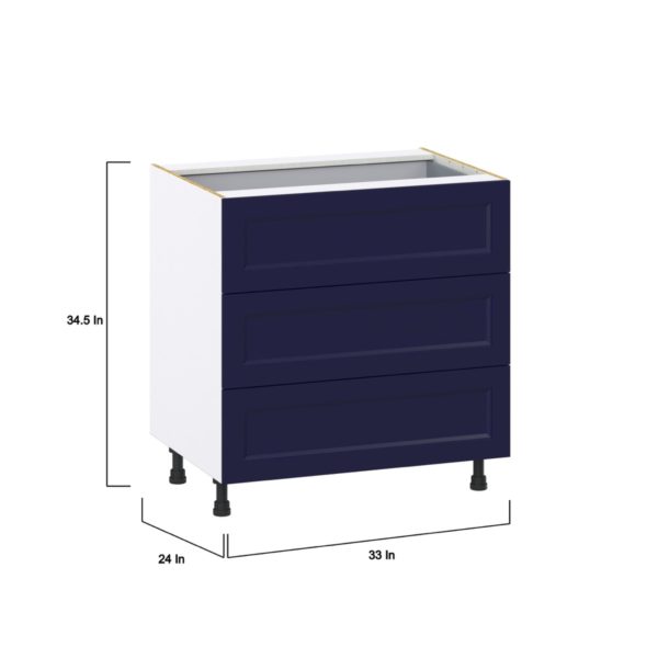 Camellia Painted Midnight Blue Recessed Assembled Base Cabinet with Three 10 in. Drawers and 1 Inner Drawer (33 in. W X 34.5 in. H X 24 in. D)