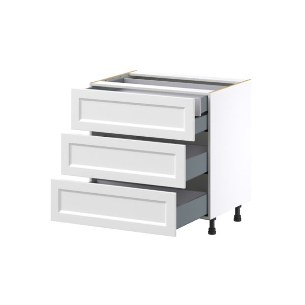 Magnolia Painted Bright White Recessed Assembled Base Cabinet with Three 10 in. Drawers and 1 Inner Drawer (33 in. W X 34.5 in. H X 24 in. D)