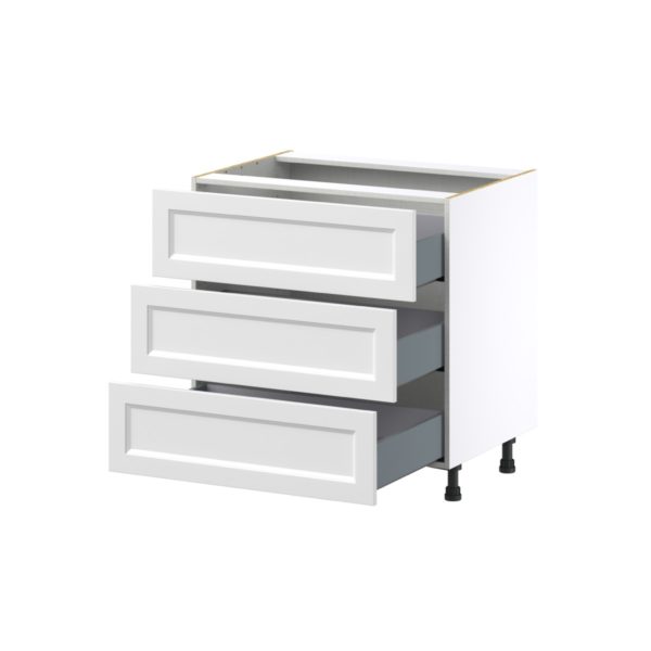 Magnolia Painted Bright White Recessed Assembled Base Cabinet with Three 10 in. Drawers (33 in. W X 34.5 in. H X 24 in. D)