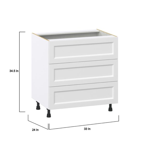 Magnolia Painted Bright White Recessed Assembled Base Cabinet with Three 10 in. Drawers (33 in. W X 34.5 in. H X 24 in. D)