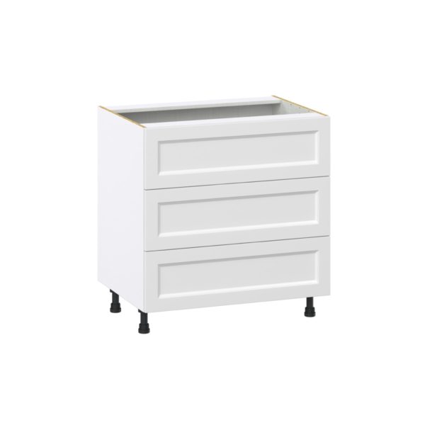 Magnolia Painted Bright White Recessed Assembled Base Cabinet with Three 10 in. Drawers (33 in. W X 34.5 in. H X 24 in. D)