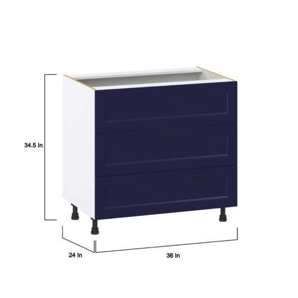 Camellia Painted Midnight Blue Recessed Assembled Base Cabinet with Three 10 in. Drawers (36 in. W x 34.5 in. H x 24 in. D)