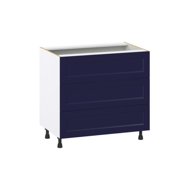 Camellia Painted Midnight Blue Recessed Assembled Base Cabinet with Three 10 in. Drawers (36 in. W x 34.5 in. H x 24 in. D)