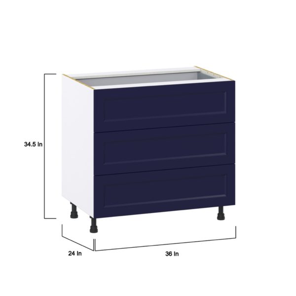 Camellia Painted Midnight Blue Recessed Assembled Base Cabinet with Three 10 in. Drawers and 1 Inner Drawer (36 in. W x 34.5 in. H x 24 in. D)