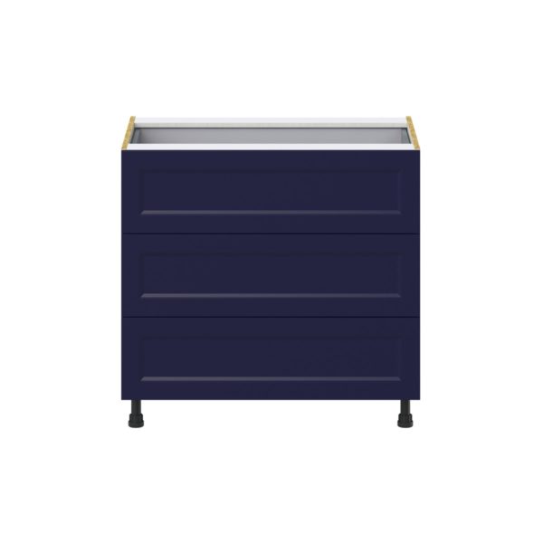 Camellia Painted Midnight Blue Recessed Assembled Base Cabinet with Three 10 in. Drawers and 1 Inner Drawer (36 in. W x 34.5 in. H x 24 in. D)