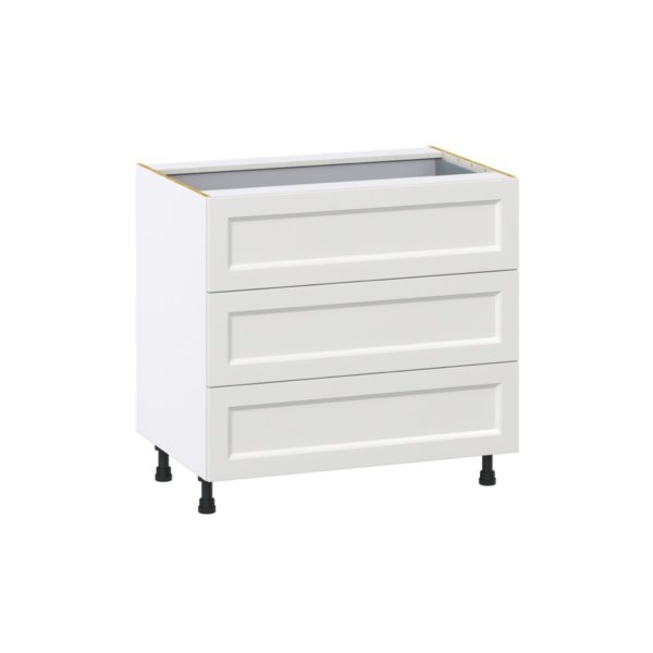 Magnolia Painted Bright White Recessed Assembled Base Cabinet with Three 10 in. Drawers and 1 Inner Drawer (36 in. W x 34.5 in. H x 24 in. D)