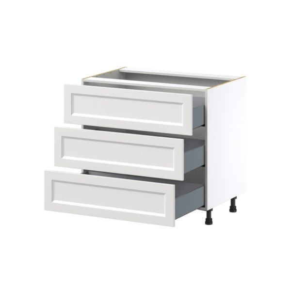 Magnolia Painted Bright White Recessed Assembled Base Cabinet with Three 10 in. Drawers (36 in. W x 34.5 in. H x 24 in. D)