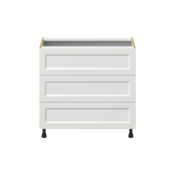 Magnolia Painted Bright White Recessed Assembled Base Cabinet with Three 10 in. Drawers (36 in. W x 34.5 in. H x 24 in. D)